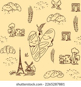 Seamless pattern with cheerful humanized bread rolls, croissants, elements of the symbols of France