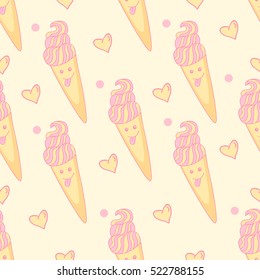Seamless pattern with cheerful ice cream with pink cream and waffle cone on a yellow background with hearts.