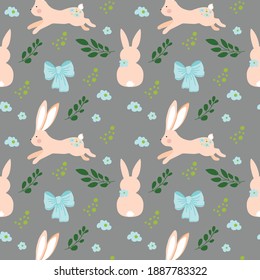Seamless pattern. Cheerful jumping rabbits, bow, flowers and branches. Vector. Cartoon. Doodle. Rabbits in tree branches. Easter. Valentine's Day. Suitable for festive paper, fabric and wallpaper.