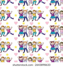 Seamless pattern with cheerful kids jumping with joy and hearts. Vector illustration.