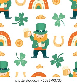 Seamless pattern with cheerful leprechauns, beer mugs, shamrocks, gold coins, rainbows, and horseshoes. Perfect for St. Patrick’s Day fabric, wrapping paper, wallpaper, and festive decorations