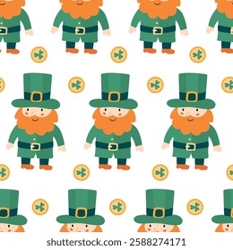 Seamless pattern with cheerful leprechauns in green suits and gold coins. Perfect for St. Patrick’s Day fabric, wrapping paper, wallpaper, and festive decorations