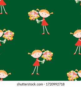 Seamless pattern of cheerful little girl with big bouquet flowers