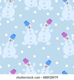 Seamless pattern, cheerful New Year's snowmen. Vector illustration.