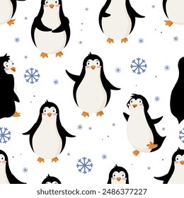 Seamless pattern of cheerful penguins with different movements. For printing on packaging, winter pajamas and dresses.