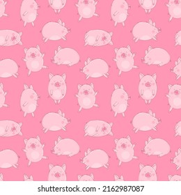 Seamless pattern of cheerful pigs on an isolated pink background. Vector illustration of piglets for New Year, prints, wrapping paper, cards, children, clothes, decor, farm