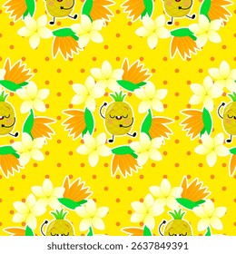 Seamless pattern with a cheerful pineapple character on a yellow background with exotic flowers and dots