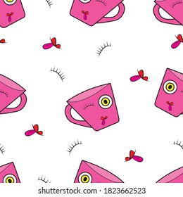 A seamless pattern with cheerful pink cups, tongues and closed eyes. Design is suitable for wallpaper, decor, textiles, factories, kitchen and kids room, T-shirt and clothing printing. Isolated vector