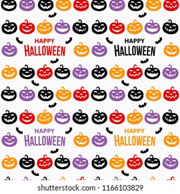 Seamless pattern with cheerful pumpkins and the inscription "happy Halloween". A design template for packaging, print, wallpaper for a Halloween party. Vector illustration is flat