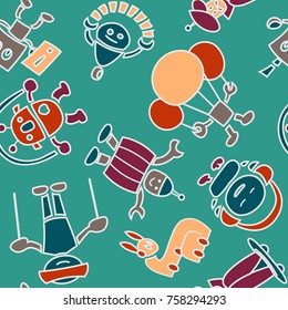 Seamless pattern of cheerful robots. Colored vector texture on a blue background