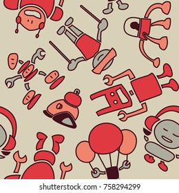 Seamless pattern of cheerful robots. Colored vector texture on a sand background
