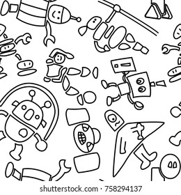 Seamless pattern of cheerful robots. Vector texture on a white background