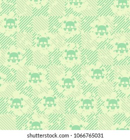 Seamless pattern. Cheerful Roger (skull and bones) on a chessboard background. Three-color texture. Abstraction.