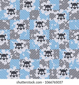 Seamless pattern. Cheerful Roger (skull and bones) on a chessboard background. Three-color texture. Abstraction.