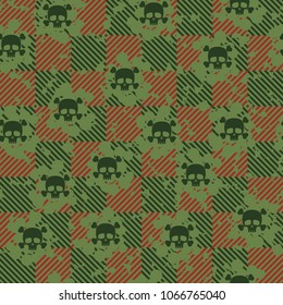 Seamless pattern. Cheerful Roger (skull and bones) on a chessboard background. Three-color texture. Abstraction.