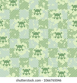 Seamless pattern. Cheerful Roger (skull and bones) on a chessboard background. Three-color texture. Abstraction.