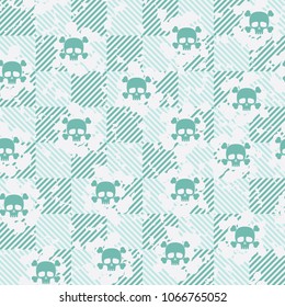 Seamless pattern. Cheerful Roger (skull and bones) on a chessboard background. Three-color texture. Abstraction.