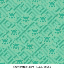 Seamless pattern. Cheerful Roger (skull and bones) on a chessboard background. Three-color texture. Abstraction.