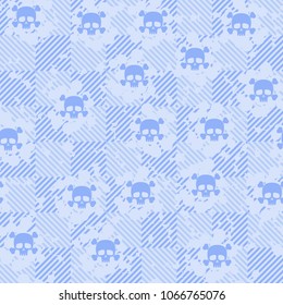 Seamless pattern. Cheerful Roger (skull and bones) on a chessboard background. Three-color texture. Abstraction.