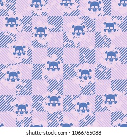 Seamless pattern. Cheerful Roger (skull and bones) on a chessboard background. Three-color texture. Abstraction.