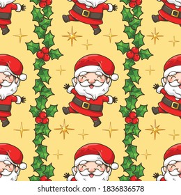 Nahtlose Muster fröhlichen santa Claus Cartoon. Fröhlicher Weihnachtstext mit Beerenweihnachtsmärchen und goldenem Funkeln. Gelber Hintergrund. Cute Cartoon-Charakterdekoration. Vektorgrafik.