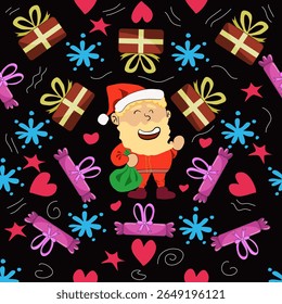 padrão perfeito da ilustração do Papai Noel alegre com presentes, corações e estrelas. Perfeito para cartões de férias, embrulho de presente e postagens festivas de mídia social.