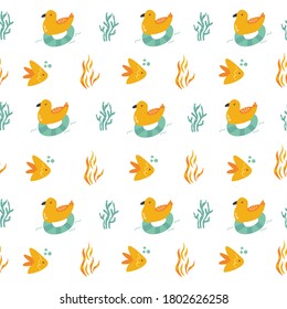 Seamless pattern with cheerful seagulls and fishes. Vector illustration for textile, fabric, kids apparel.