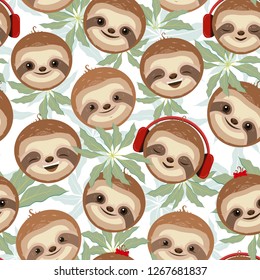 Seamless pattern with cheerful sloths faces among the leaves. Vector illustration.