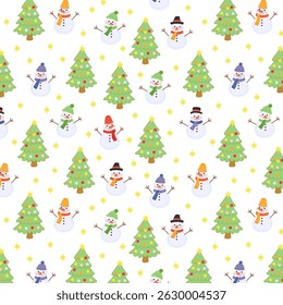 Seamless pattern with cheerful snowmen and Christmas trees vector illustration. Festive background with classic holiday elements.