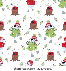 Seamless pattern with cheerful snowmen dancing outdoor on white background. Vector flat illustration. Winter design. Great fo Christmas wrapping paper.