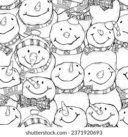 Seamless Pattern With Cheerful Snowmen. Winter, snow,  hats, carrot. Merry Christmas, Happy New Year. Adult Coloring Book. Black and white. 