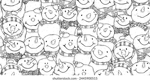 Seamless Pattern With Cheerful Snowmen. Winter, Snow, Snowman. Merry Christmas, Happy New Year. Black and white Adult Coloring Book Page.	