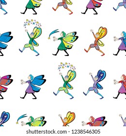 Seamless pattern of cheerful striding elves