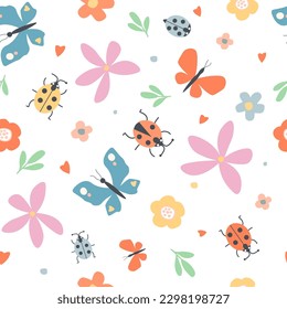 Patrón sin foco con alegre adorno de verano. Ladybugs, mariposas, flores, hojas, corazones en un simple diseño de naturaleza infantil. Gráficos vectoriales.