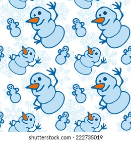 Seamless pattern with cheerful waving snowman and snowflakes