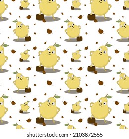 seamless pattern of cheerful yellow pear standing hand in hips on a stump on a white background