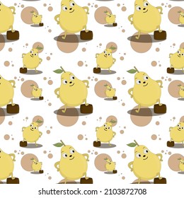 seamless pattern of cheerful yellow pear standing hands in hips on white background