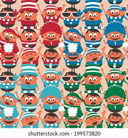 Seamless pattern of cheering sport fans cheering for their team. 4 color versions are included. No transparency and gradients used. 