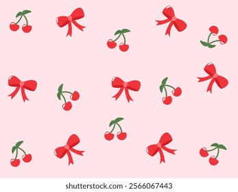 Seamless pattern cheery and ribbon with pink background 