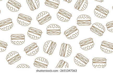 Padrão perfeito de um hambúrguer de queijo. Fundo de hambúrguer de doodle.  Padrão contínuo de hambúrguer 