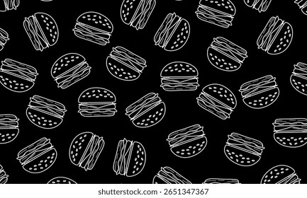 Padrão perfeito de um hambúrguer de queijo. Fundo de hambúrguer de doodle.  Padrão contínuo de hambúrguer 