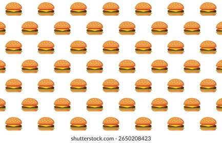 Padrão sem costura de um hambúrguer de queijo ou Hambúrguer. Burger fundo padrão sem costura. Ideal para decoração de restaurante, menus, design digital, embalagem de alimentos, impressões têxteis e marca culinária.