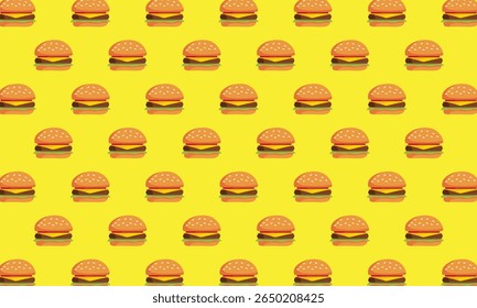 Padrão sem costura de um hambúrguer de queijo ou Hambúrguer. Burger fundo padrão sem costura. Ideal para decoração de restaurante, menus, design digital, embalagem de alimentos, impressões têxteis e marca culinária.