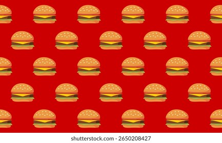 Seamless Pattern of a Cheese Burger or Hamburger. Burger seamless pattern background. Ideal for restaurant decor,  menus, digital design, food packaging, textile prints,  and culinary branding.