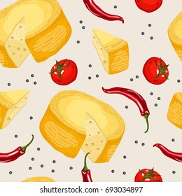 Seamless pattern with cheese. Colorful illustration, food vector. Decorative wallpaper, good for printing.