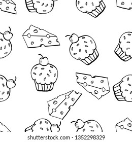 Seamless Pattern of cheese and cupcake hand drawn in black and white doodle vector