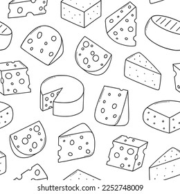 Seamless pattern of cheese doodle set. Cheese types in sketch style.  Hand drawn vector illustration