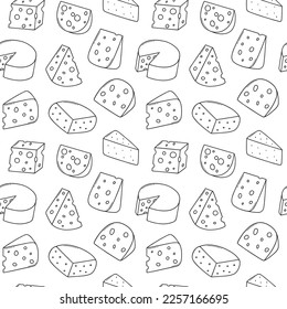 Patrón inmaculado de doodle de queso. Tipos de queso en forma de esbozo.  Ilustración vectorial dibujada por mano