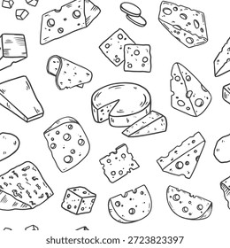 Patrón sin fisuras con queso. Queso al estilo doodle. Diferentes tipos de queso de fondo para el diseño de embalaje, menú, papel de embalaje, café. Ilustración vectorial