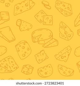 Patrón sin fisuras con queso. Queso al estilo doodle. Fondo amarillo. Diferentes tipos de queso de fondo para el diseño de embalaje, menú, papel de embalaje, café. Ilustración vectorial